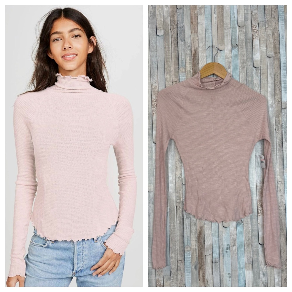 New‎ Free People XS Lettuce Edge Turtleneck Waffle Knit Thermal Top Tee Ballet